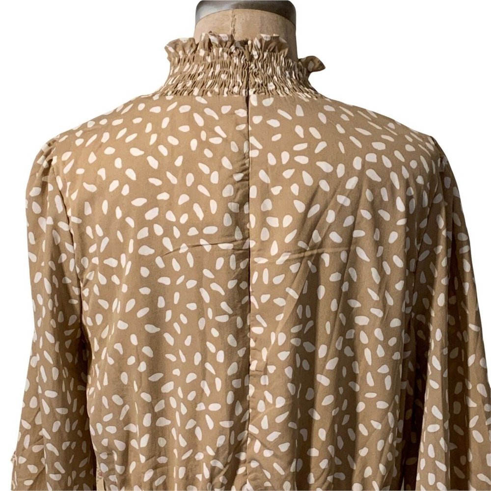 Mainstrip High Neck Ruffled Long Sleeve Beige White Polka Dot Dress Size Large - Picture 7 of 10